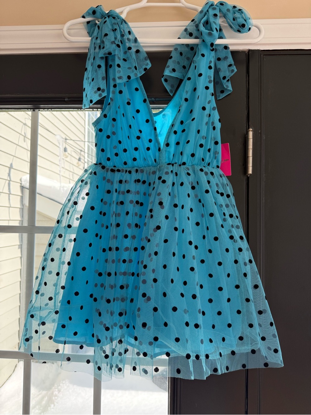 Teal Blue Polka Dot Tulle Party Dress with Black Dots - Picture 7 of 8